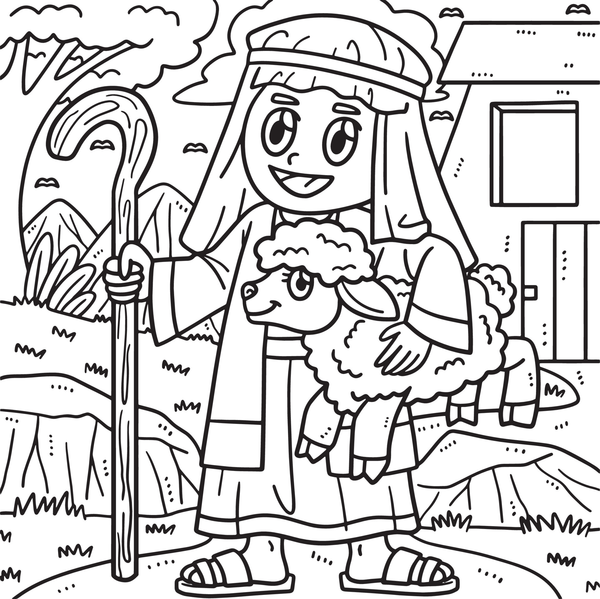 Christian Shepherd Sheep Coloring Page for Kids 15694375 Vector Art at
