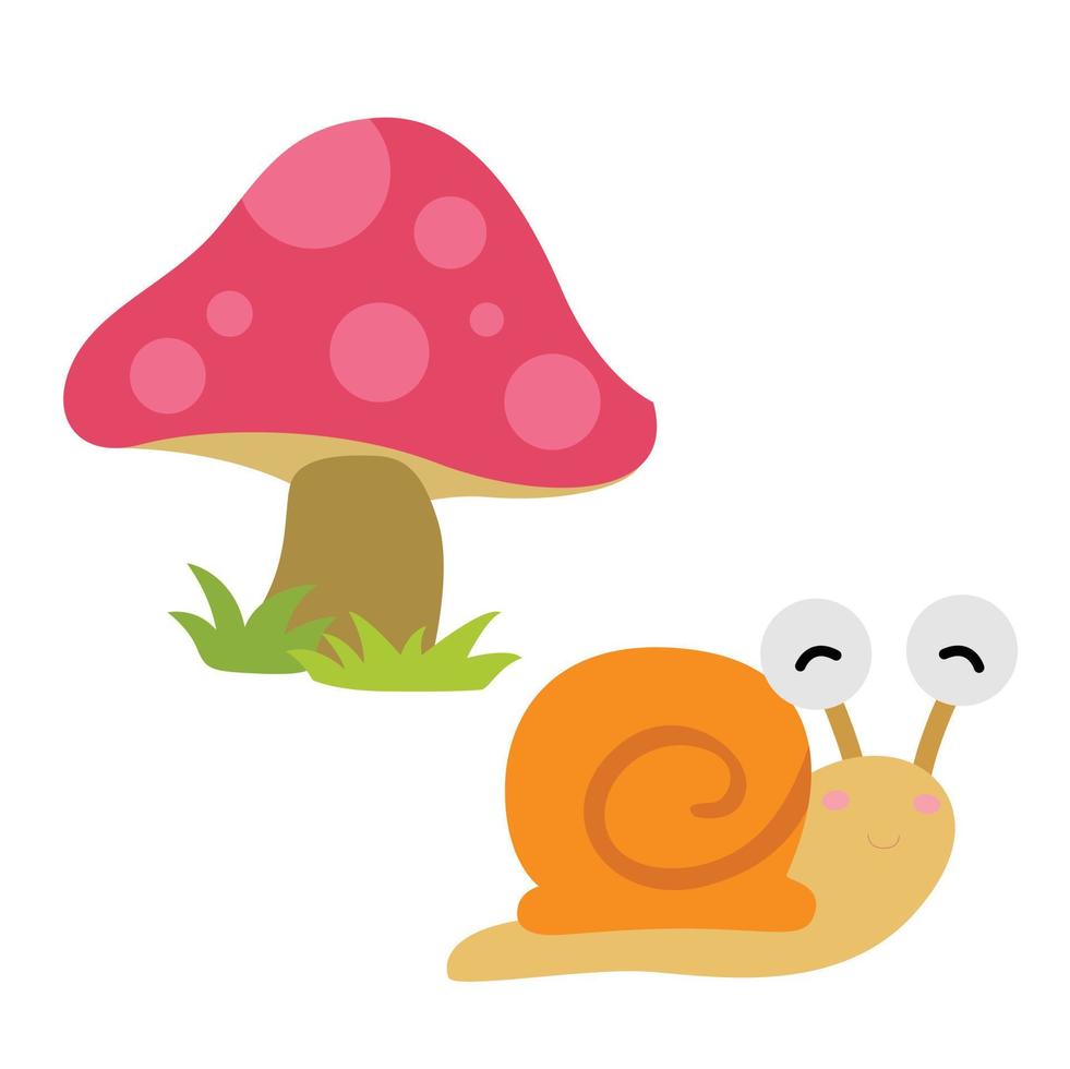 Cute Mushrooms and Snail Illustration Cartoon Clipart vector