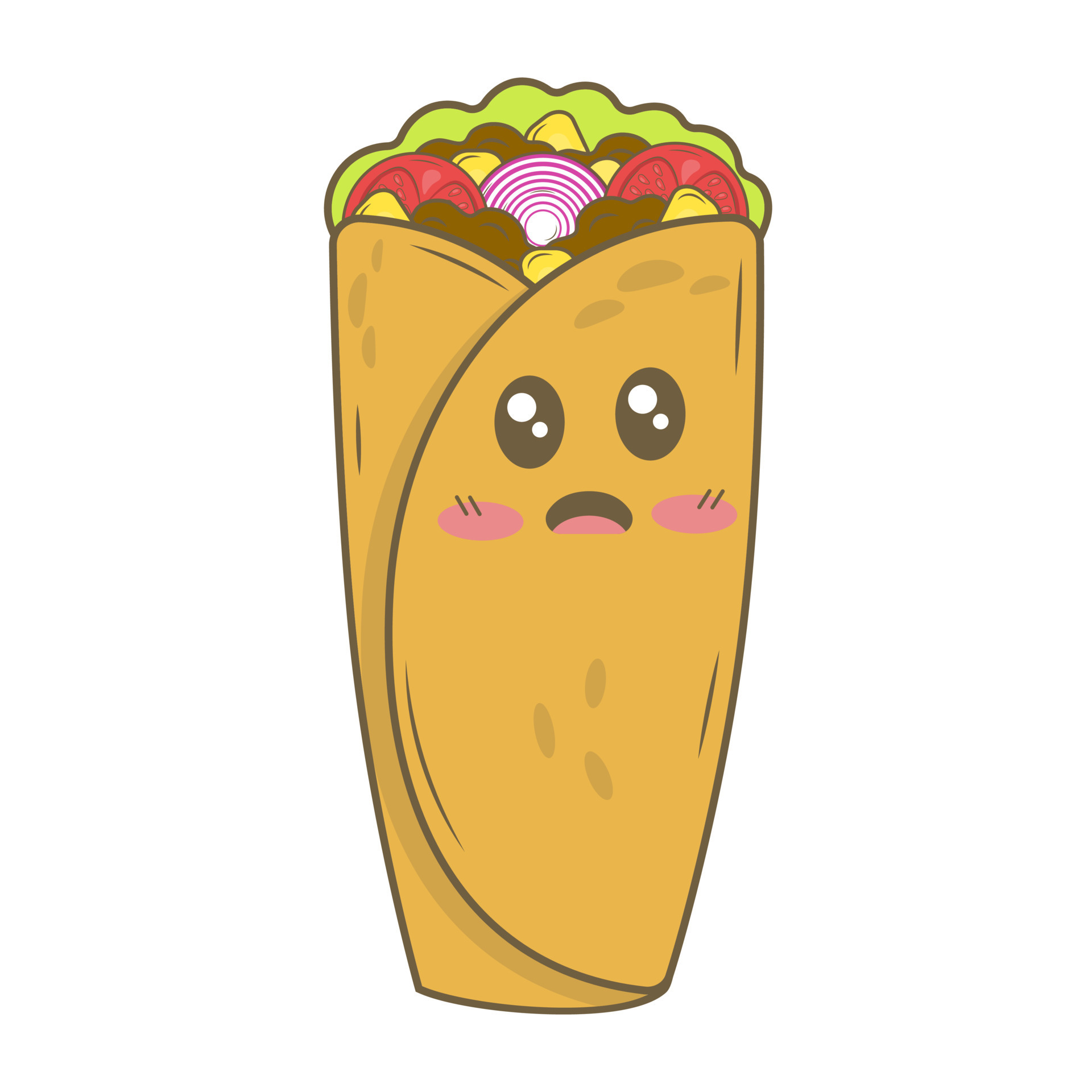 Kawaii cartoon mexican burrito dish isolated on white background