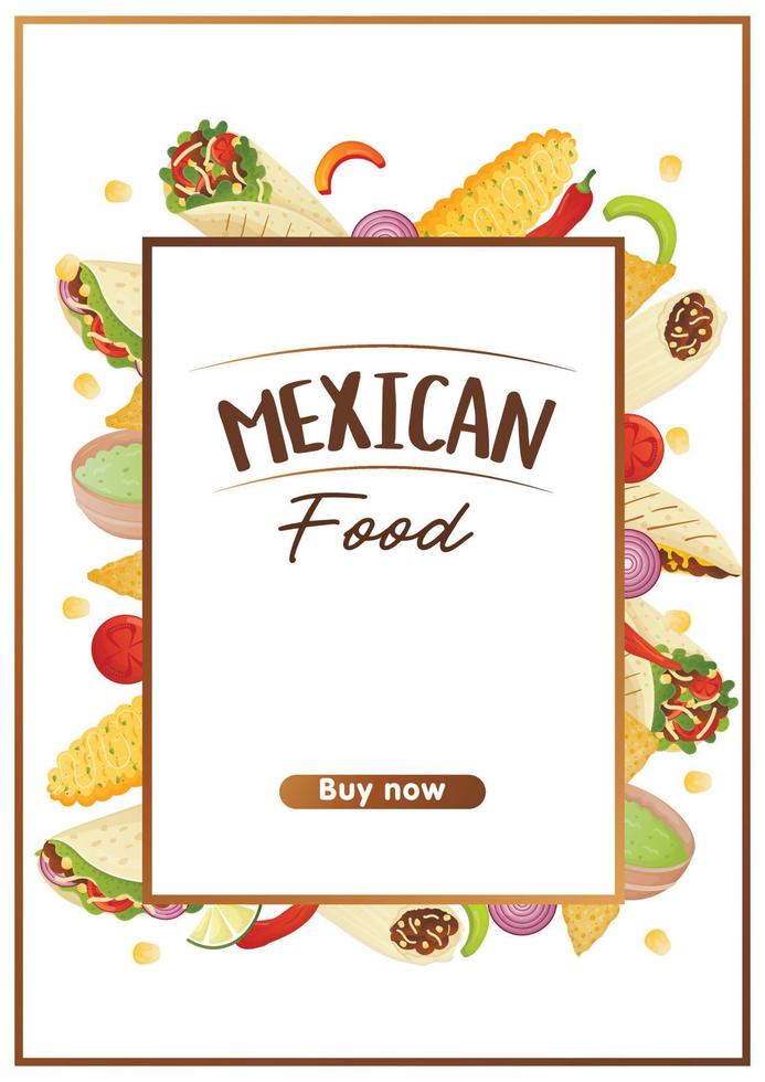 folleto de comida mexicana a4 con tacos, burritos, tamales, quesadilla, empanadas, elotes y nachos. banner comida saludable, cocina, menú, concepto de comida. vector