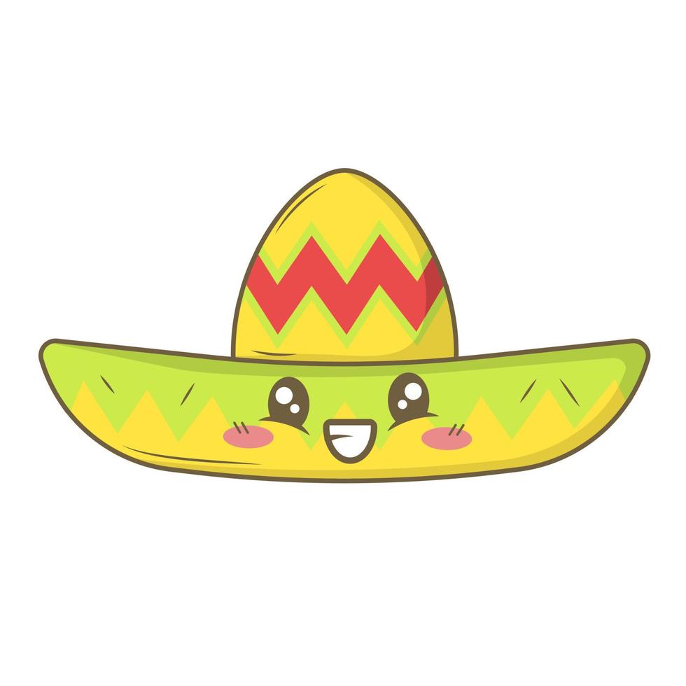 kawaii, caricatura, sombrero mexicano, aislado, blanco, plano de fondo vector