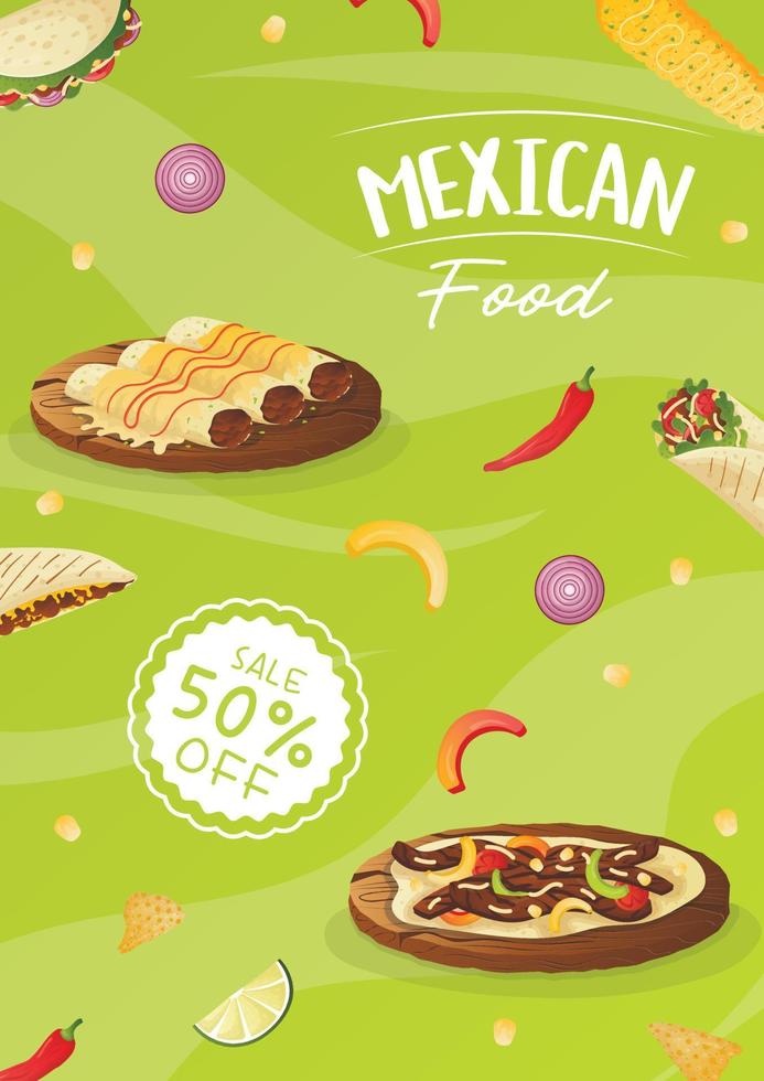 Mexican food flyer A4 with tacos, burritos, tamales, quesadilla, empanadas, elotes and nachos. Banner healthy food, cooking, menu, food concept. vector