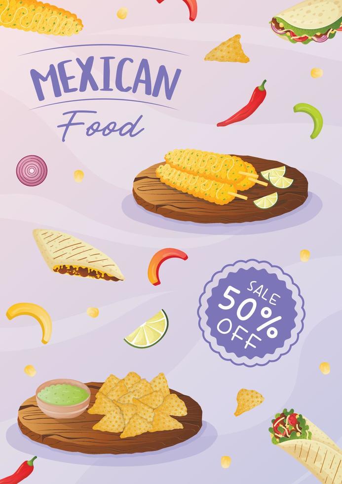 Mexican food flyer A4 with tacos, burritos, tamales, quesadilla, empanadas, elotes and nachos. Banner healthy food, cooking, menu, food concept. vector