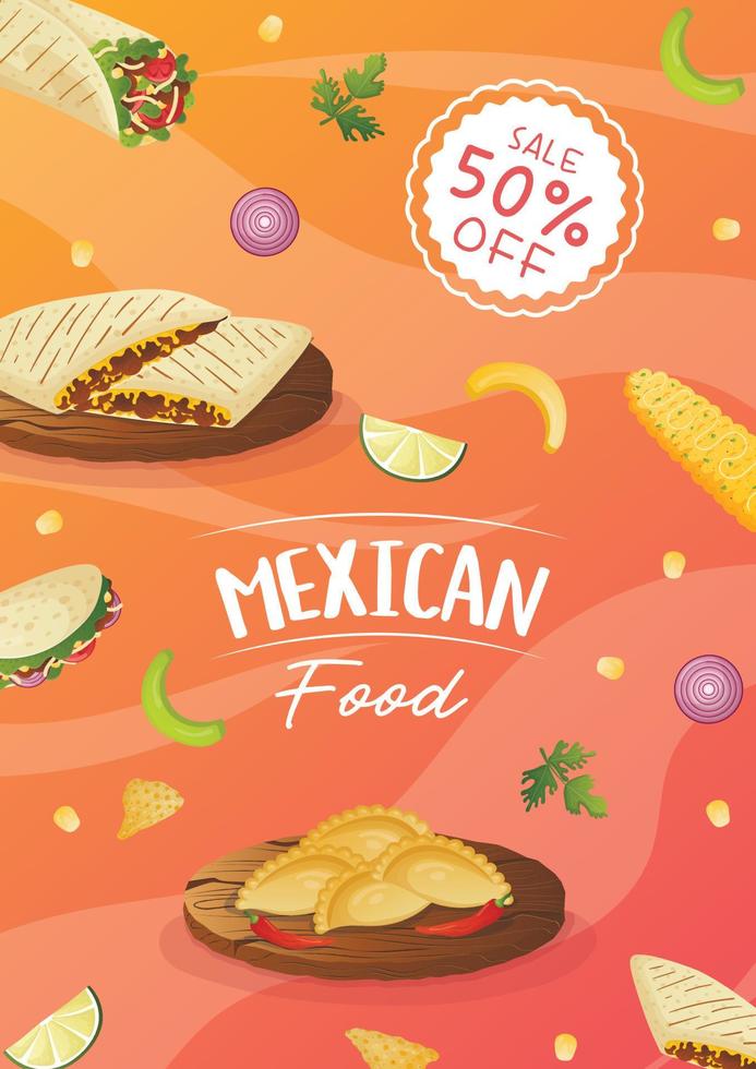 folleto de comida mexicana a4 con tacos, burritos, tamales, quesadilla, empanadas, elotes y nachos. banner comida saludable, cocina, menú, concepto de comida. vector