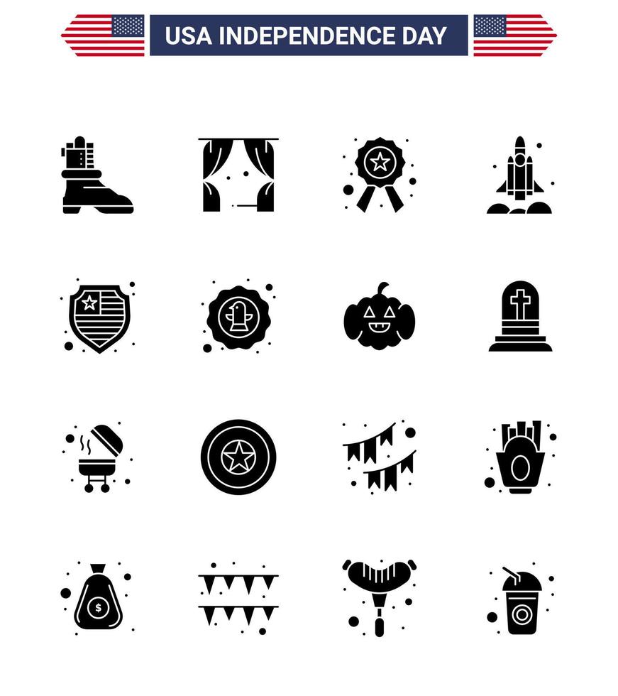 4th July USA Happy Independence Day Icon Symbols Group of 16 Modern Solid Glyphs of protection usa police transport rocket Editable USA Day Vector Design Elements