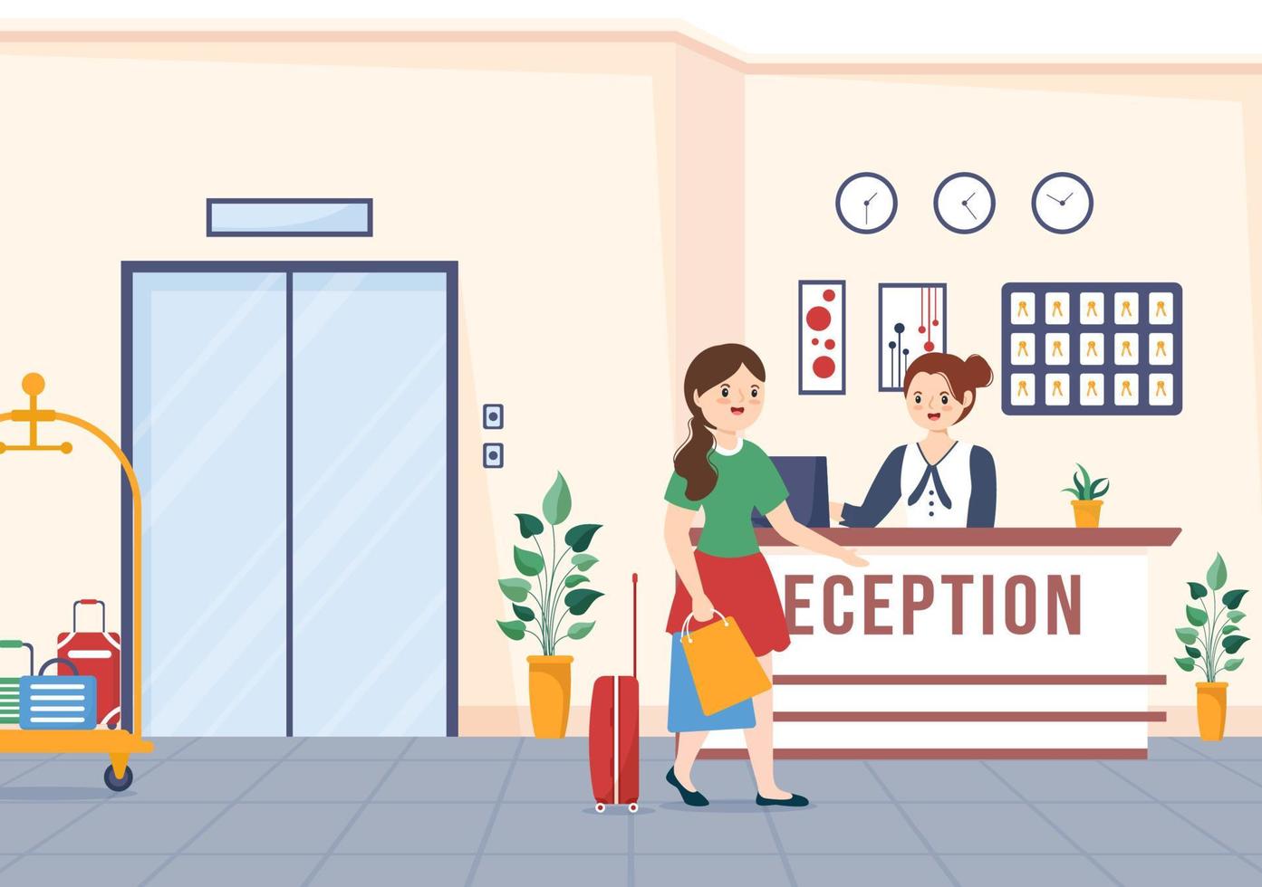Hotel Reception Interior with Receptionist People and Travelers for Booking in Flat Cartoon Hand Drawn Template Illustration vector
