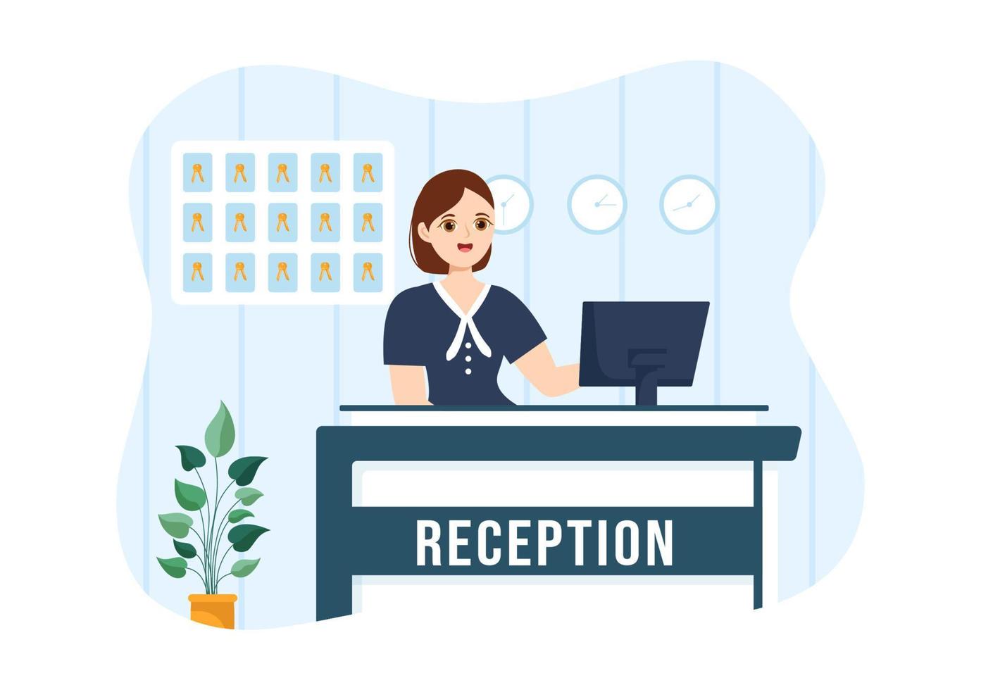 interior de la recepción del hotel con recepcionistas y viajeros para reservar en ilustración de plantilla dibujada a mano de dibujos animados planos vector