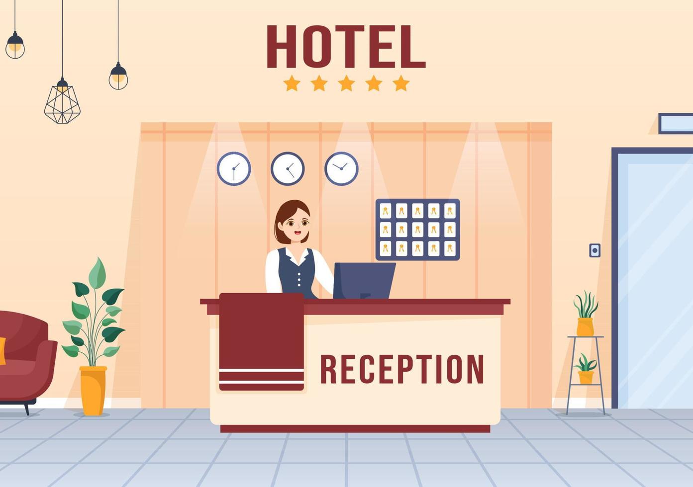 Hotel Reception Interior with Receptionist People and Travelers for Booking in Flat Cartoon Hand Drawn Template Illustration vector