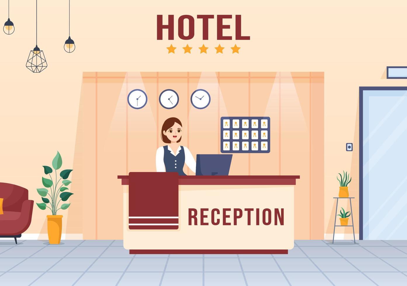 interior de la recepción del hotel con recepcionistas y viajeros para reservar en ilustración de plantilla dibujada a mano de dibujos animados planos vector