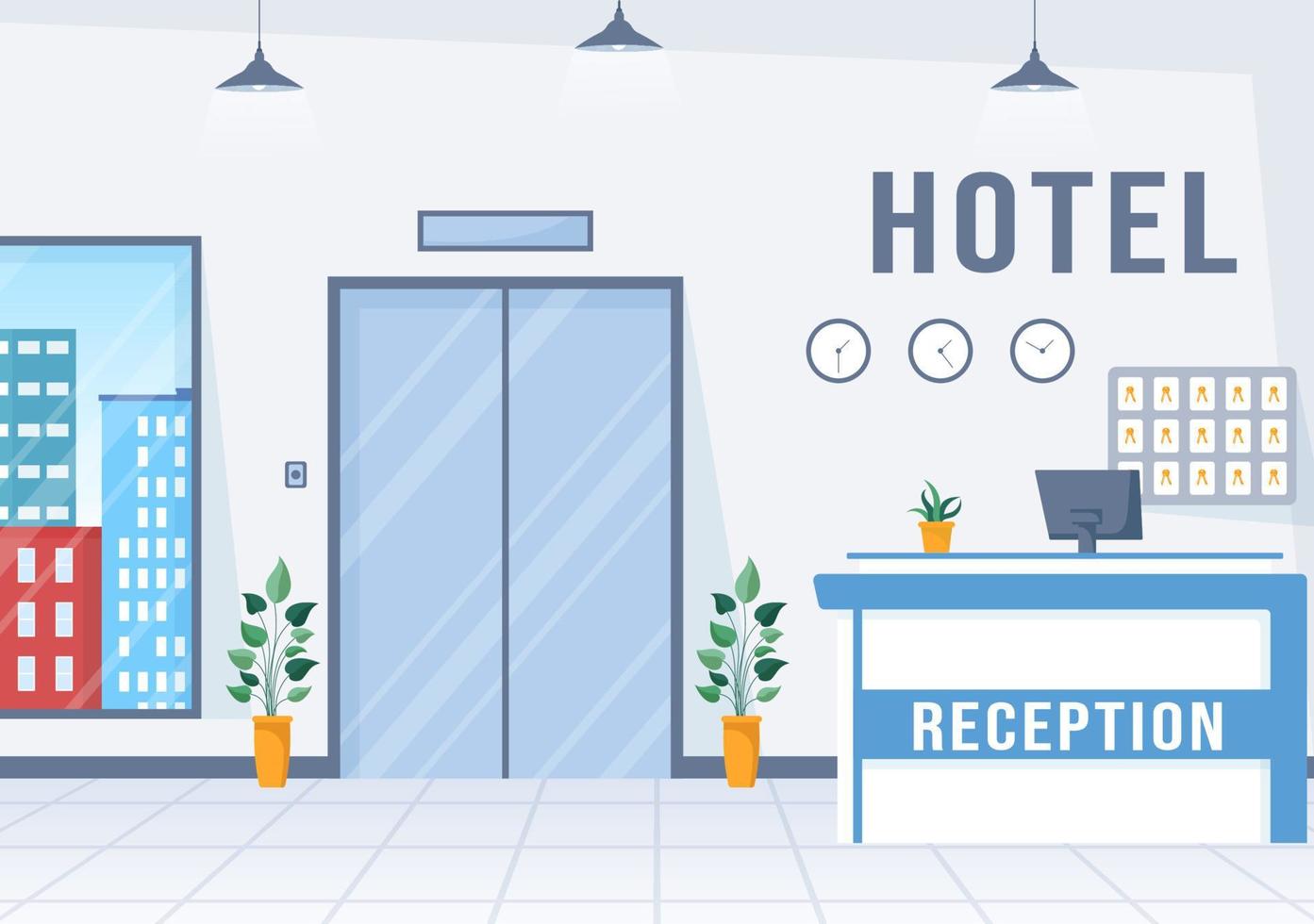 interior de la recepción del hotel con recepcionistas y viajeros para reservar en ilustración de plantilla dibujada a mano de dibujos animados planos vector