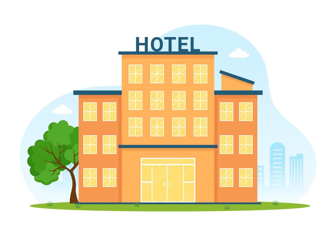 Skyscraper Hotel Building Flat Cartoon Hand Drawn Illustration Template with View on City Space of Street Panorama Design vector