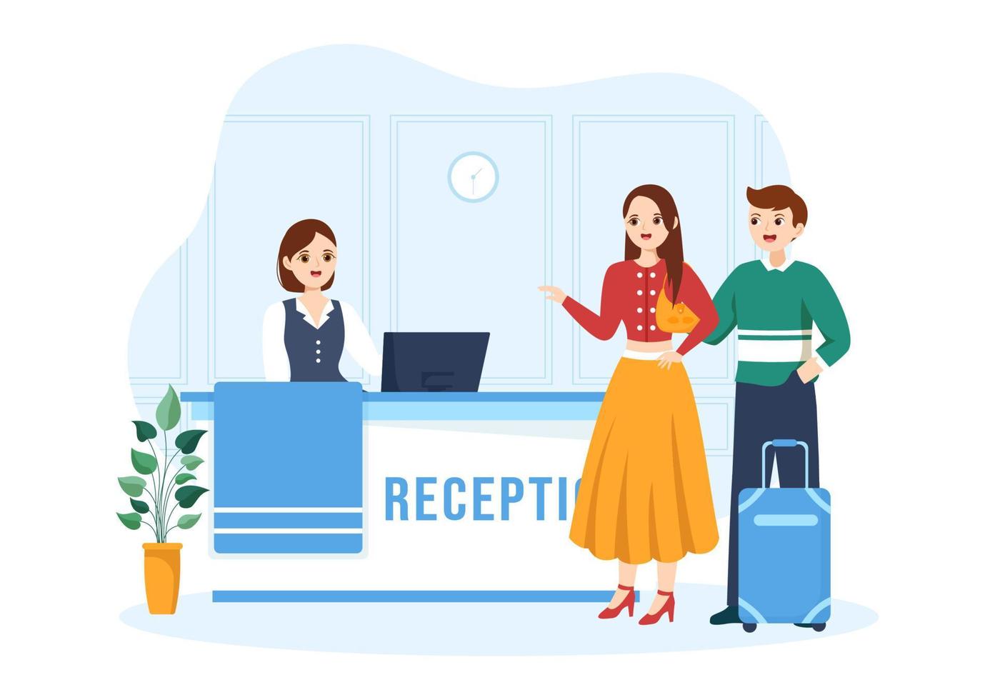 interior de la recepción del hotel con recepcionistas y viajeros para reservar en ilustración de plantilla dibujada a mano de dibujos animados planos vector