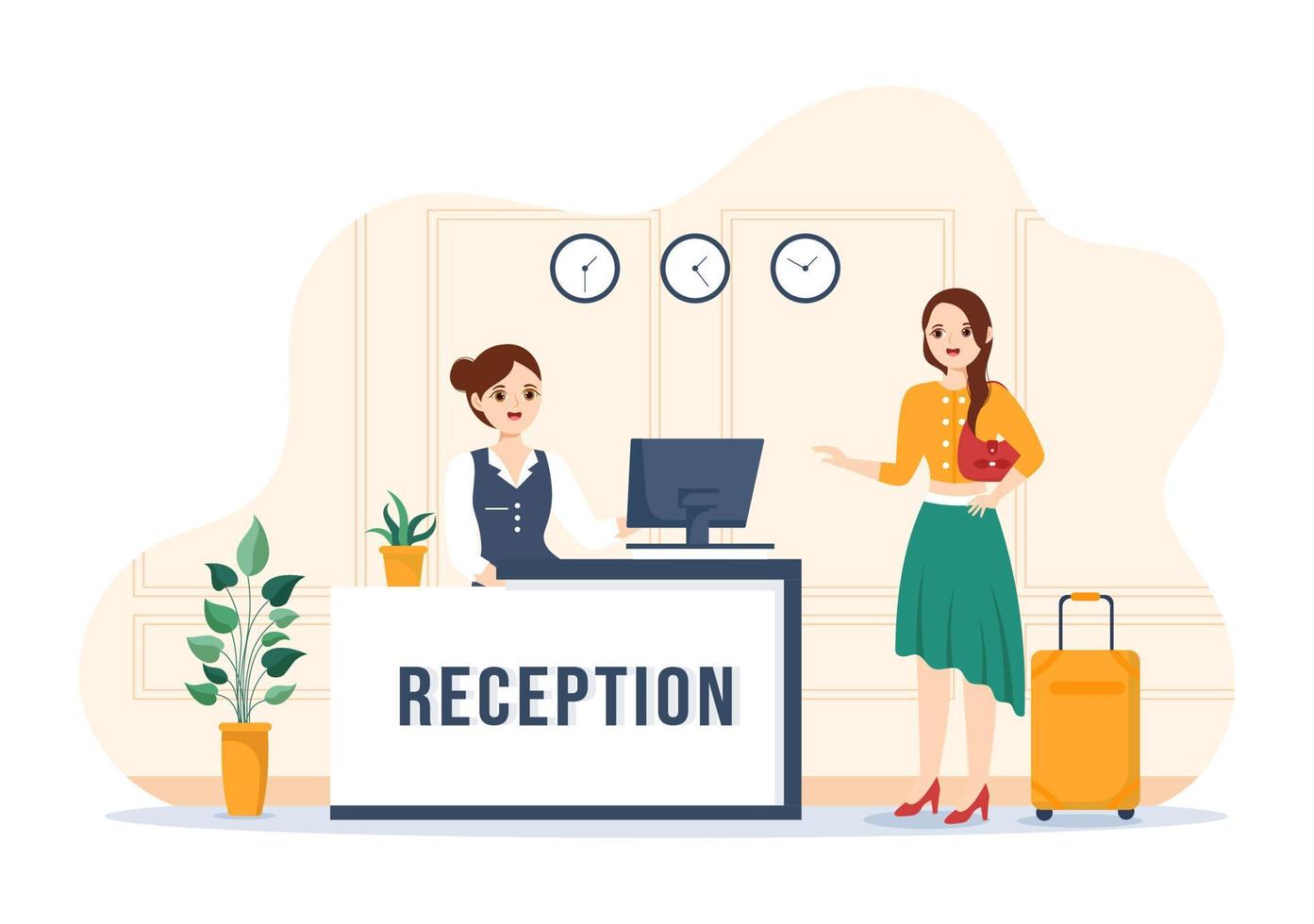 Hotel Reception Interior with Receptionist People and Travelers for Booking in Flat Cartoon Hand Drawn Template Illustration vector