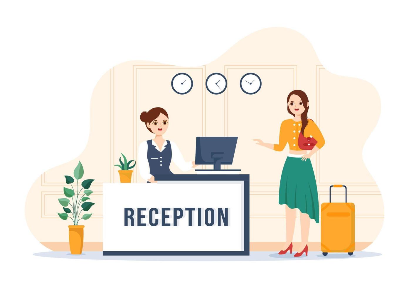 interior de la recepción del hotel con recepcionistas y viajeros para reservar en ilustración de plantilla dibujada a mano de dibujos animados planos vector