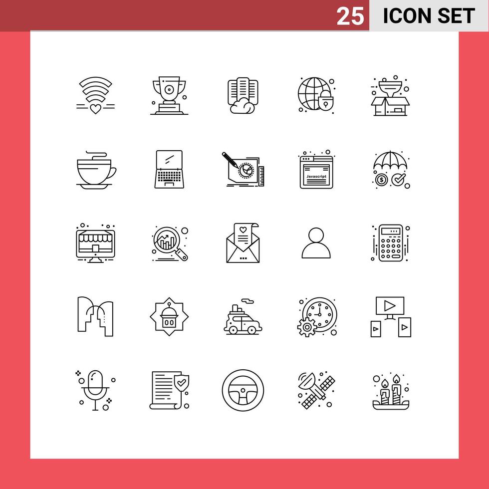 Pack of 25 Modern Lines Signs and Symbols for Web Print Media such as box globe lock first globe server Editable Vector Design Elements