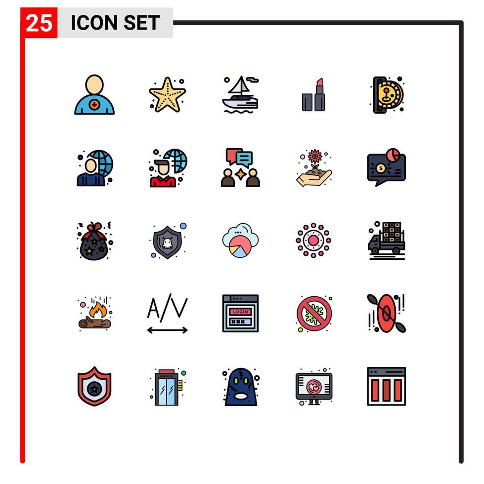 Modern Set of 25 Filled line Flat Colors Pictograph of online play river game insert coin Editable Vector Design Elements