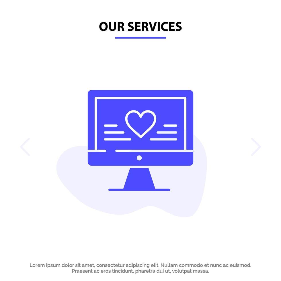 nuestros servicios computadora amor corazón boda icono de glifo sólido plantilla de tarjeta web vector