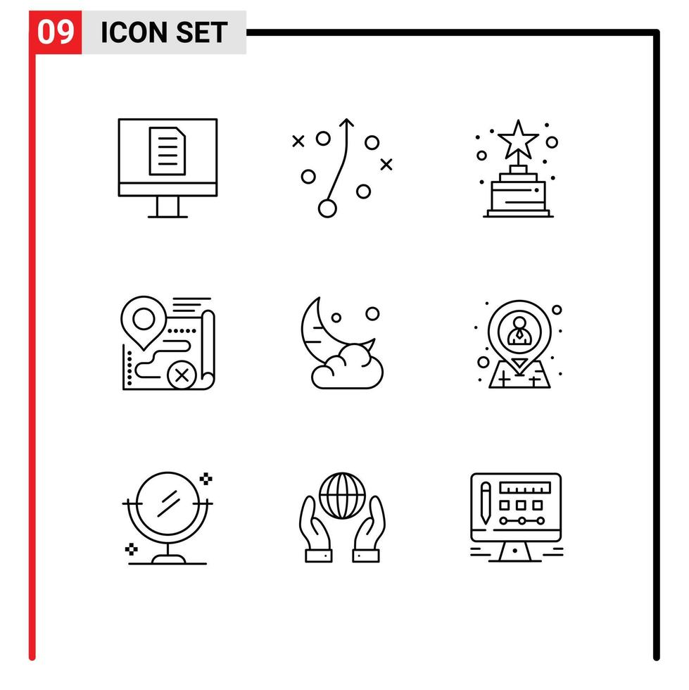 Outline Pack of 9 Universal Symbols of cloud cresent trophy moon close Editable Vector Design Elements