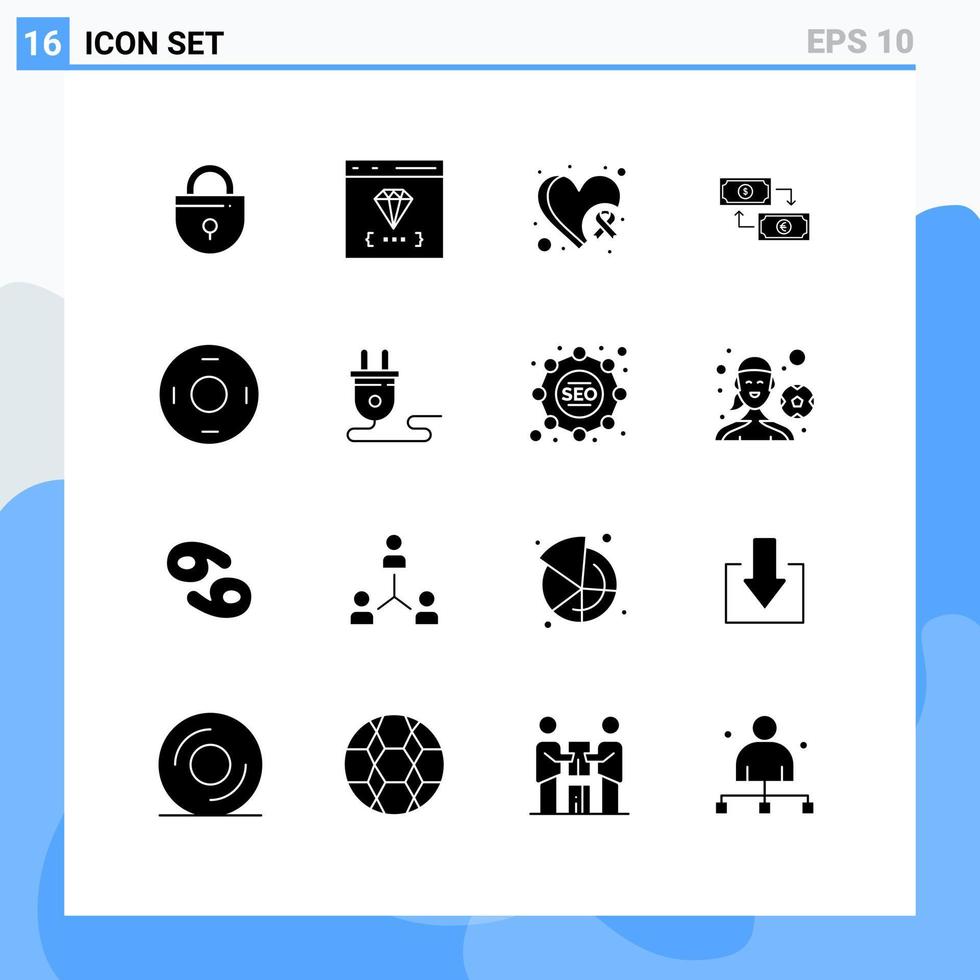 conjunto de pictogramas de 16 glifos sólidos simples de desarrollo de dólares financieros elementos de diseño de vectores editables de conciencia de corazón empresarial