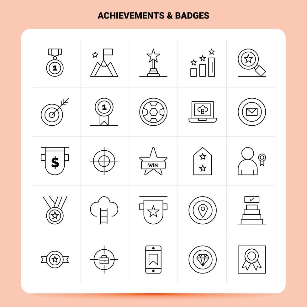OutLine 25 Achievements Badges Icon set Vector Line Style Design Black Icons Set Linear pictogram pack Web and Mobile Business ideas design Vector Illustration
