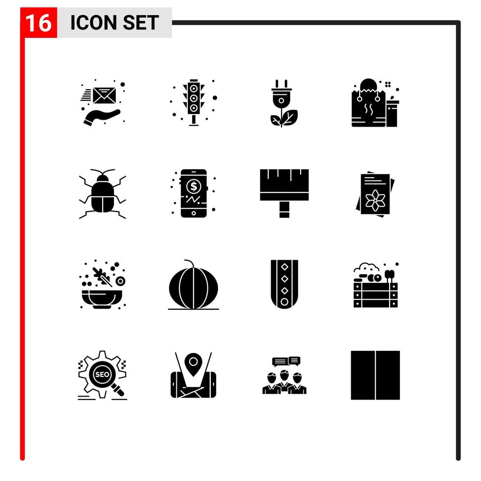 Group of 16 Modern Solid Glyphs Set for biology package biomass gift shopping Editable Vector Design Elements