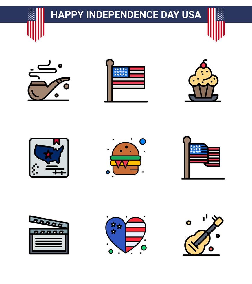 Set of 9 Vector Flat Filled Lines on 4th July USA Independence Day such as fast world dessert map american Editable USA Day Vector Design Elements