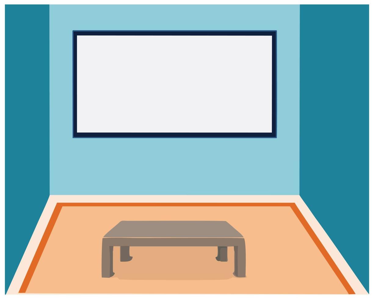 Classroom background with soft and calm blue walls. Against one wall is a large blackboard and a table on a soft and comfortable rug. Presents a comfortable feel in learning vector