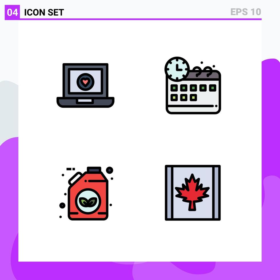 Pack of 4 creative Filledline Flat Colors of computer gasoline love time canada Editable Vector Design Elements