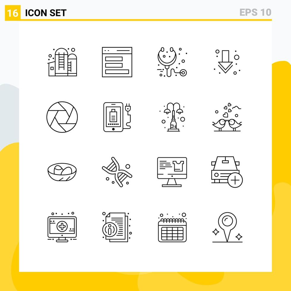 16 Universal Outlines Set for Web and Mobile Applications focus aperture care full arrow Editable Vector Design Elements