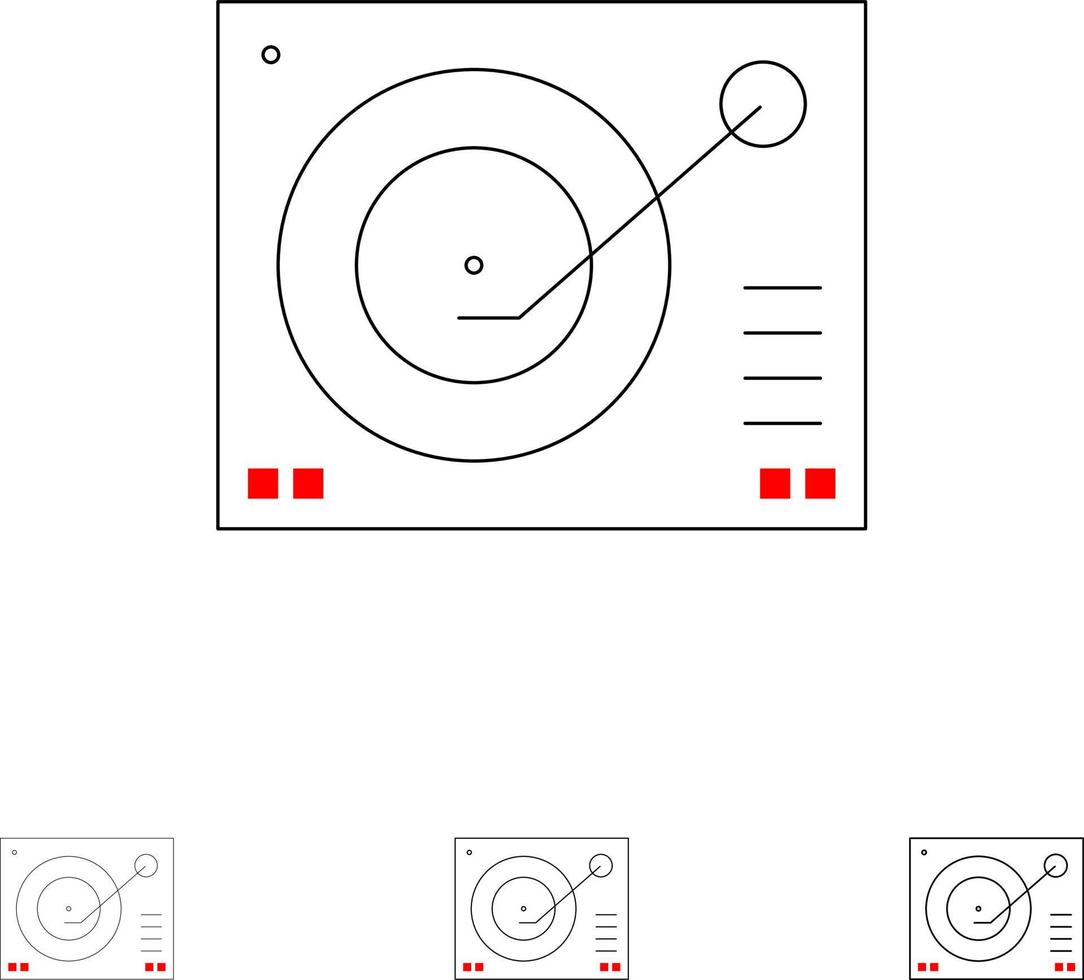 dispositivo de cubierta reproductor de fonógrafo registro conjunto de iconos de línea negra en negrita y delgada vector