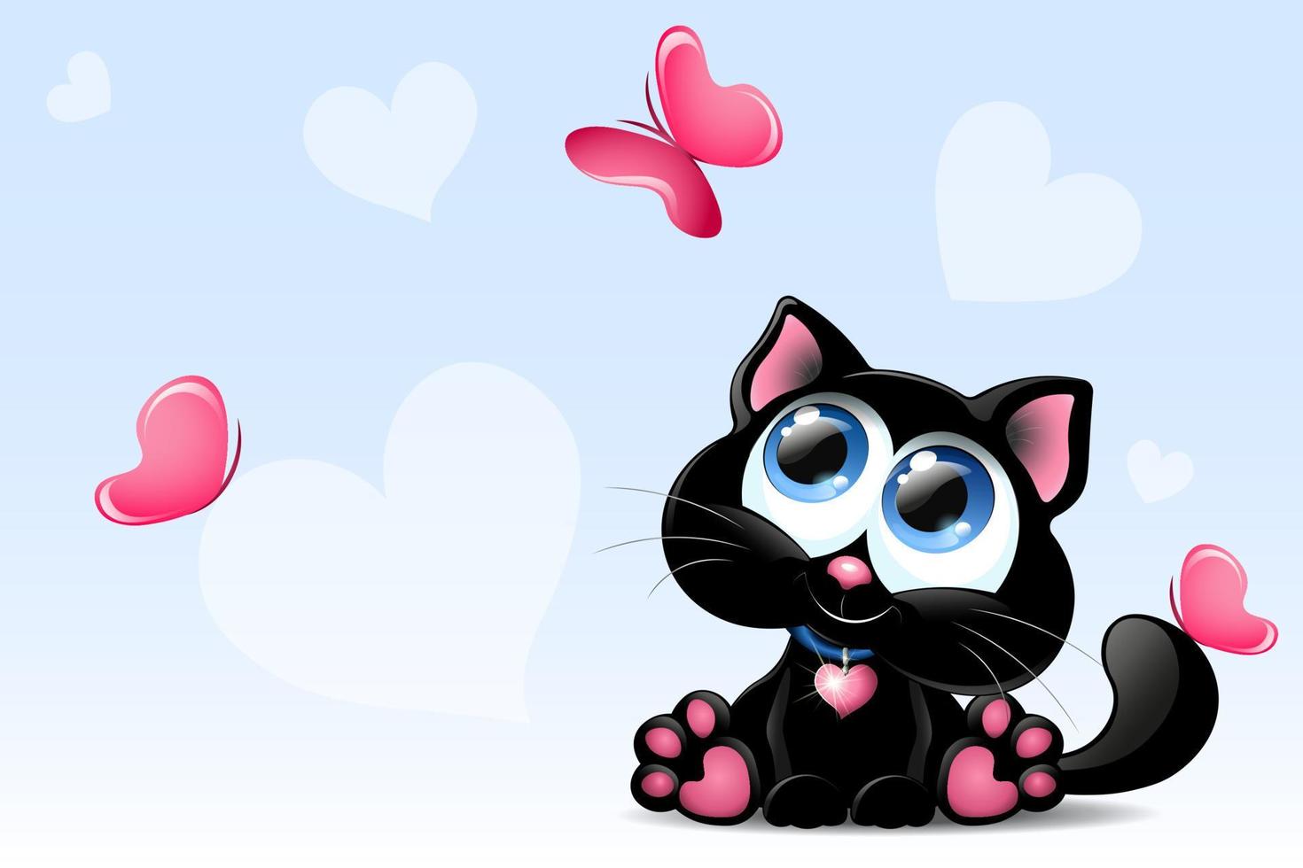 dulce gato negro con mariposas y corazones para el día de san valentín vector