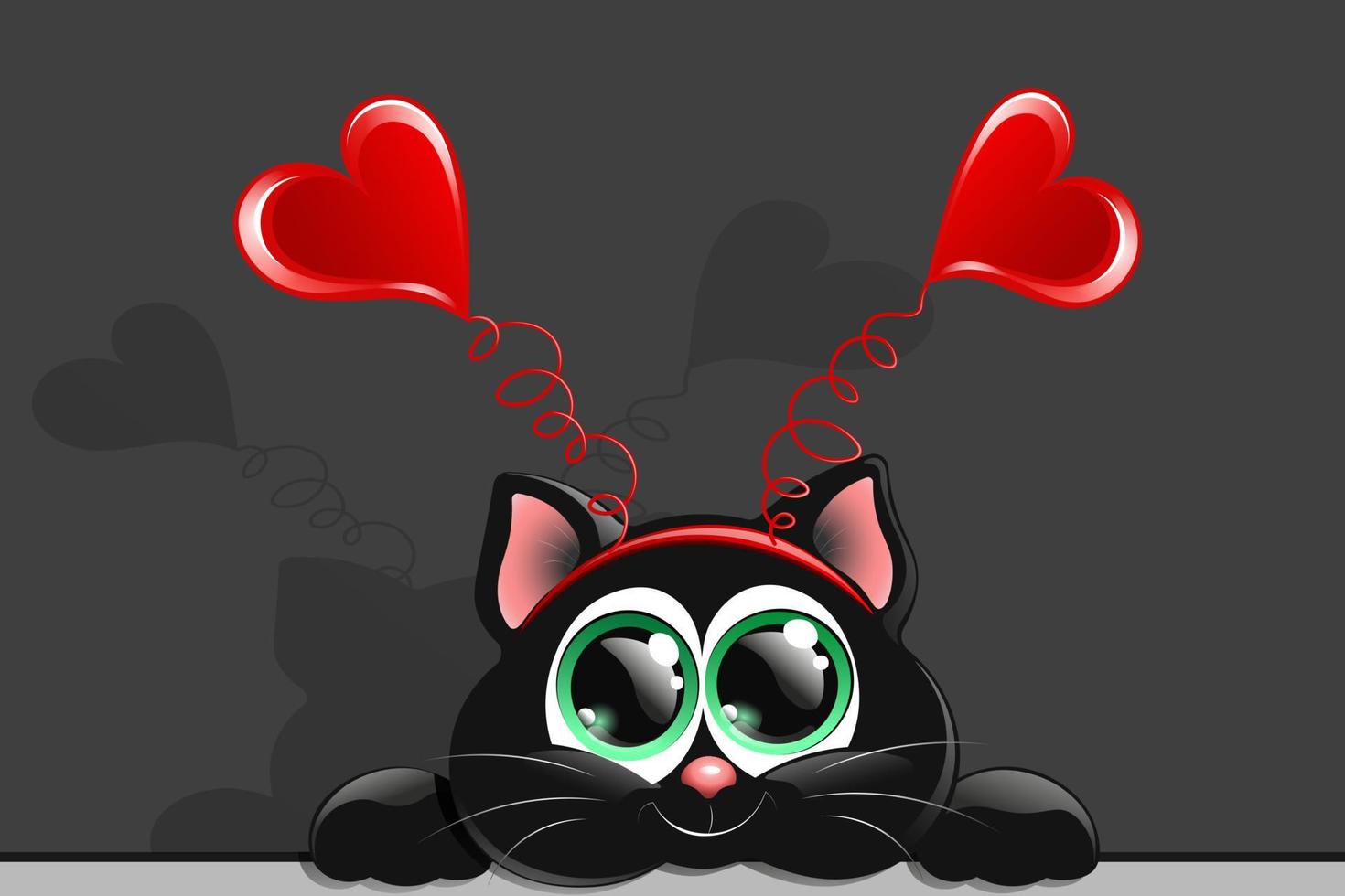 Sweet black cat with hair band and hearts on it. Valentine's day vector