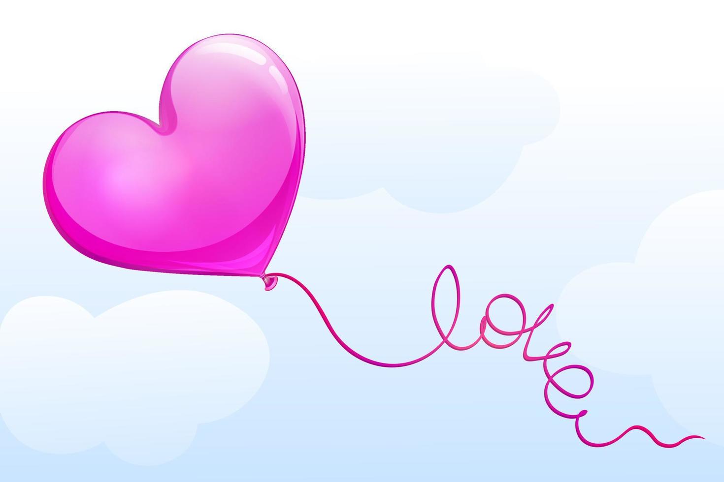 Heart shape pink balloon on sky background. Word LOVE from ribbon vector