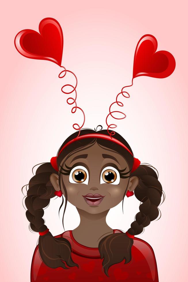 niña africana con banda de pelo de corazón. tarjeta del día de san valentín. vector