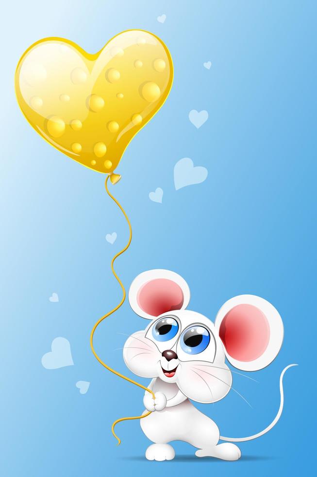 ratón con globo de corazón de queso vector