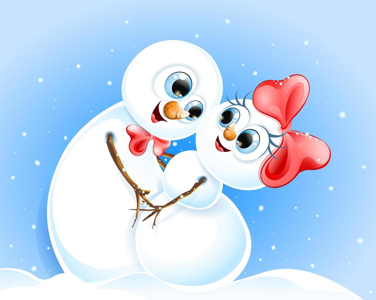 Funny Christmas family couple of snowman's  in love with red bow embracing and dancing under winter snowfall vector