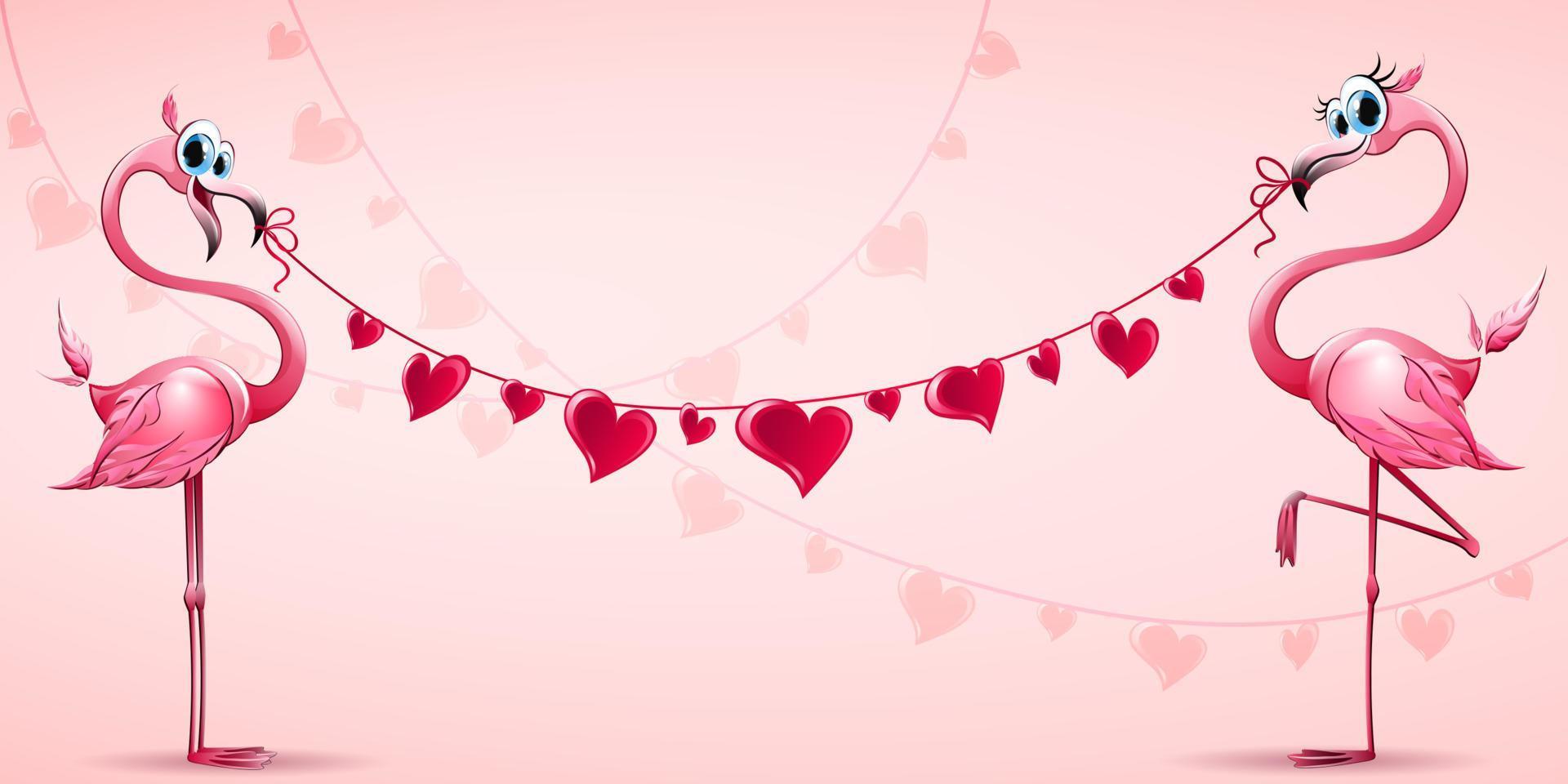 Flamingo Couple with hearts garland stretch vector