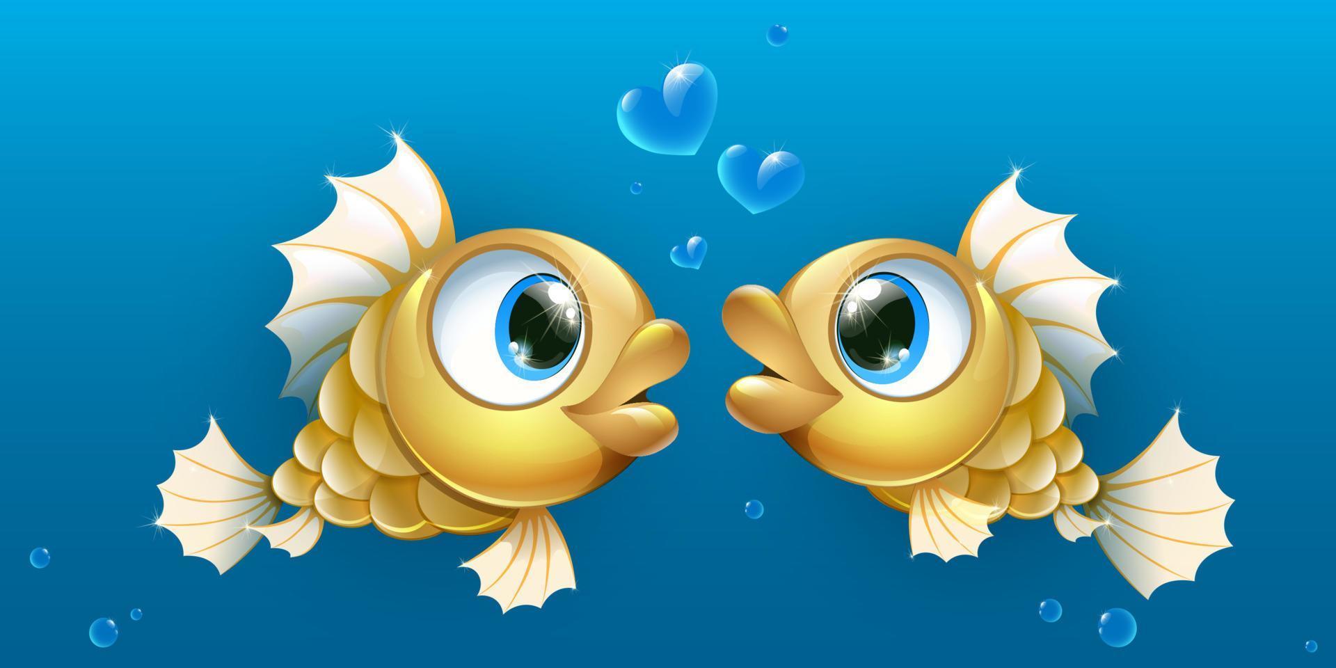 Couple cartoon gold fishes with heart bubbles. Valentine's day card. vector