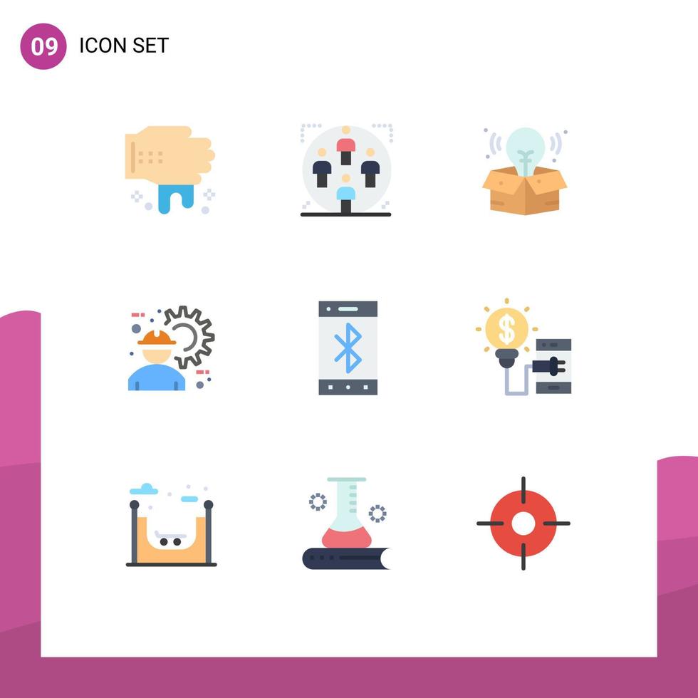 9 concepto de color plano para sitios web, móviles y aplicaciones, equipo celular, trabajo creativo, trabajador de la construcción, elementos de diseño vectorial editables vector