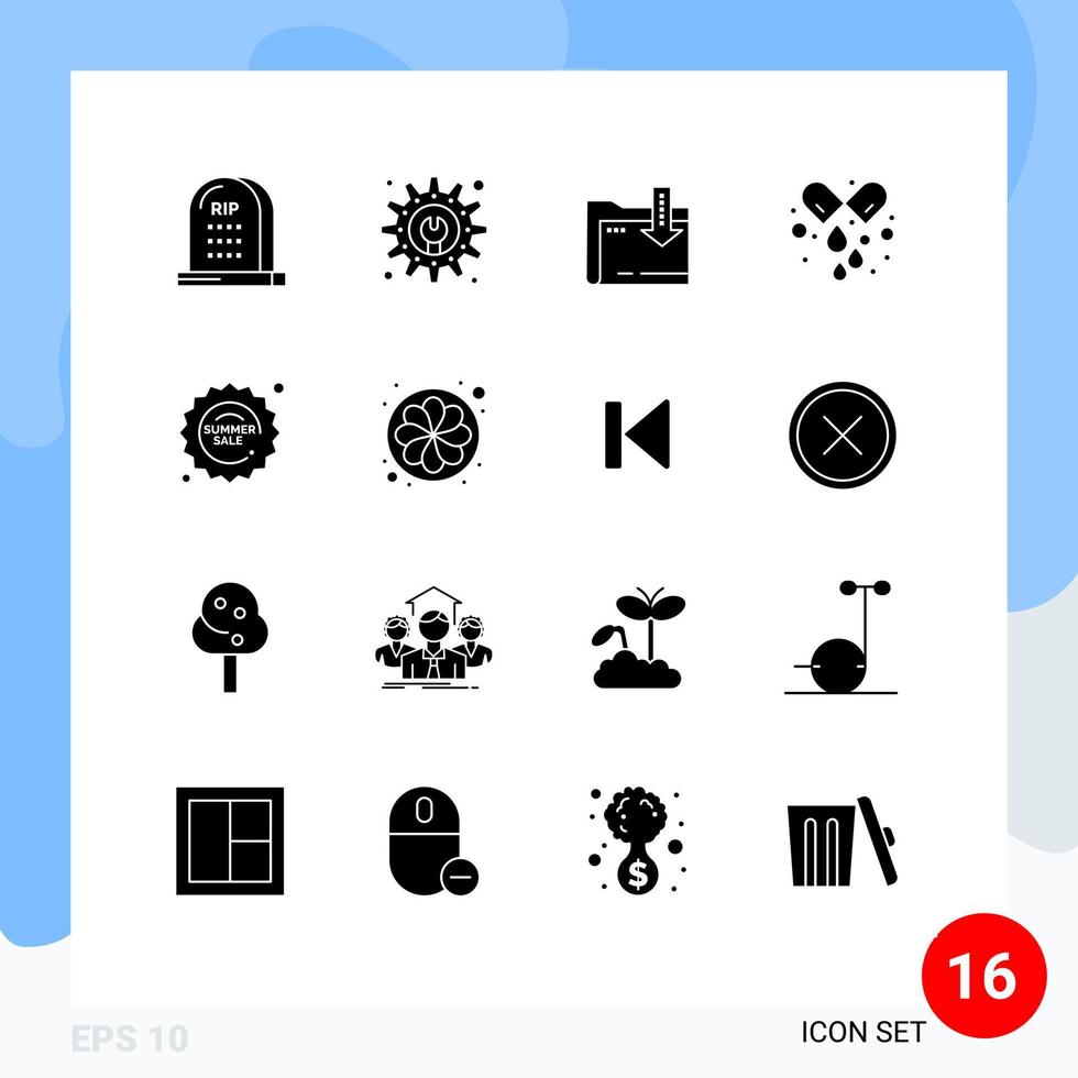 Group of 16 Modern Solid Glyphs Set for summer medicine folder tablet capsule Editable Vector Design Elements