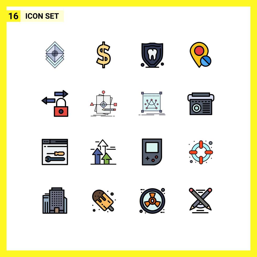 paquete de 16 signos y símbolos modernos de líneas rellenas de color plano para medios de impresión web, como la ubicación del marcador de seguro de pin de datos, elementos de diseño de vectores creativos editables