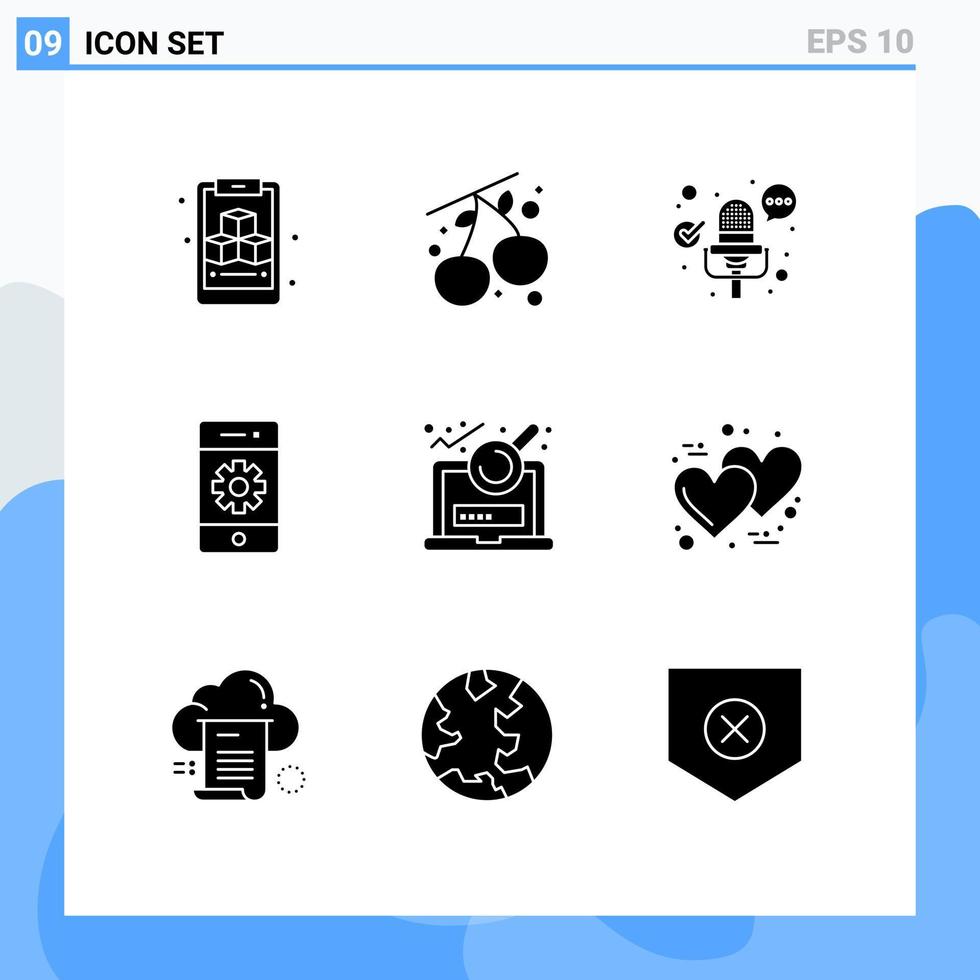 Universal Icon Symbols Group of 9 Modern Solid Glyphs of login file record analysis settings Editable Vector Design Elements