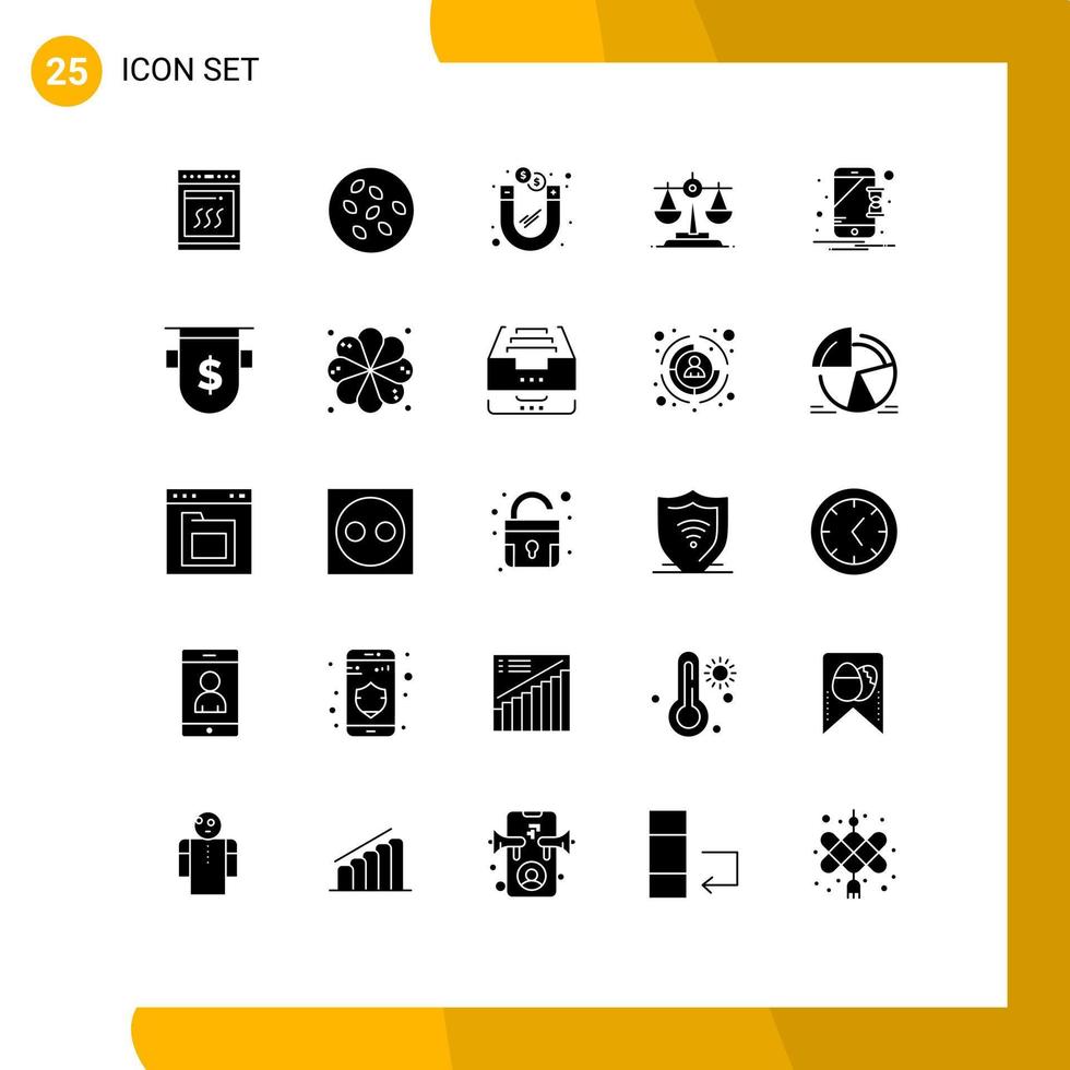 25 Universal Solid Glyphs Set for Web and Mobile Applications mobile device dollar law balance Editable Vector Design Elements