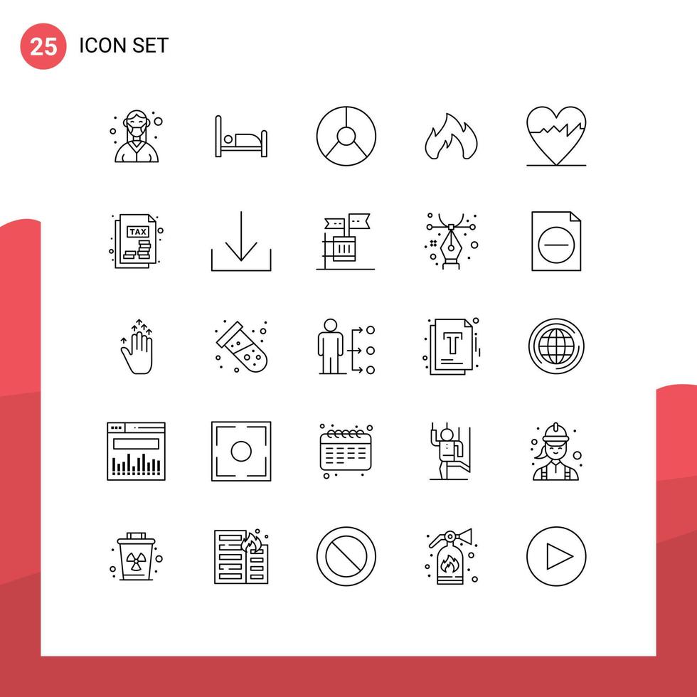 Universal Icon Symbols Group of 25 Modern Lines of cardiogram fire place business heating pie Editable Vector Design Elements
