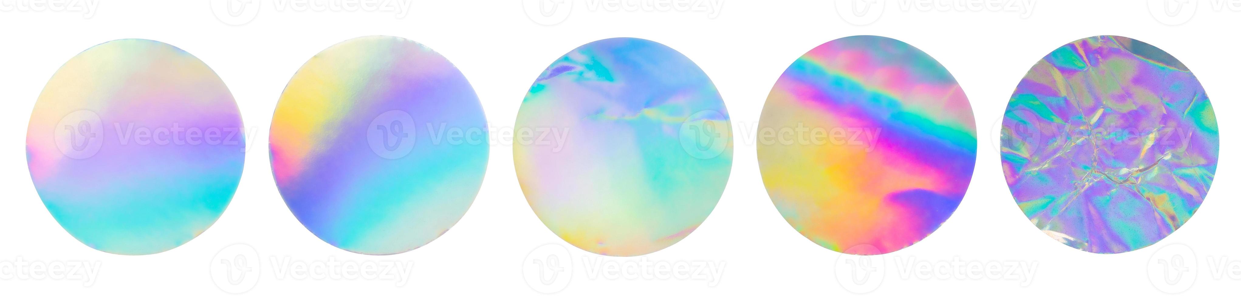 Blank round adhesive holographic foil sticker label set isolated on white background photo