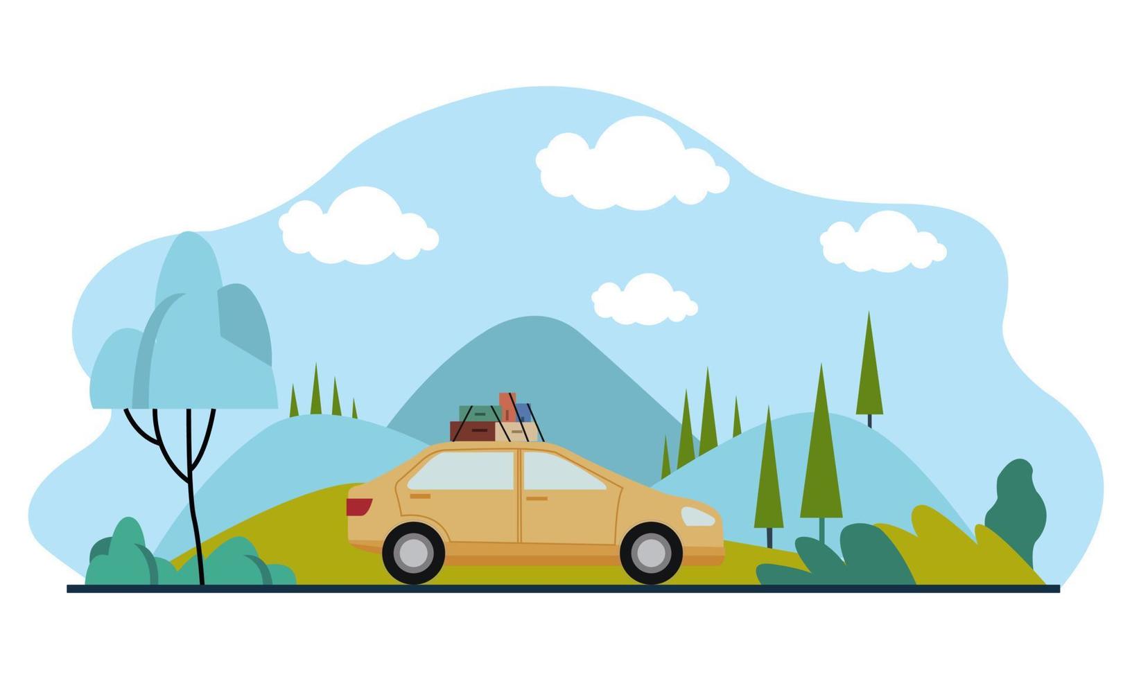Family trip traveling by car on the background of a beautiful mountain landscape. Vector illustration of a flat design
