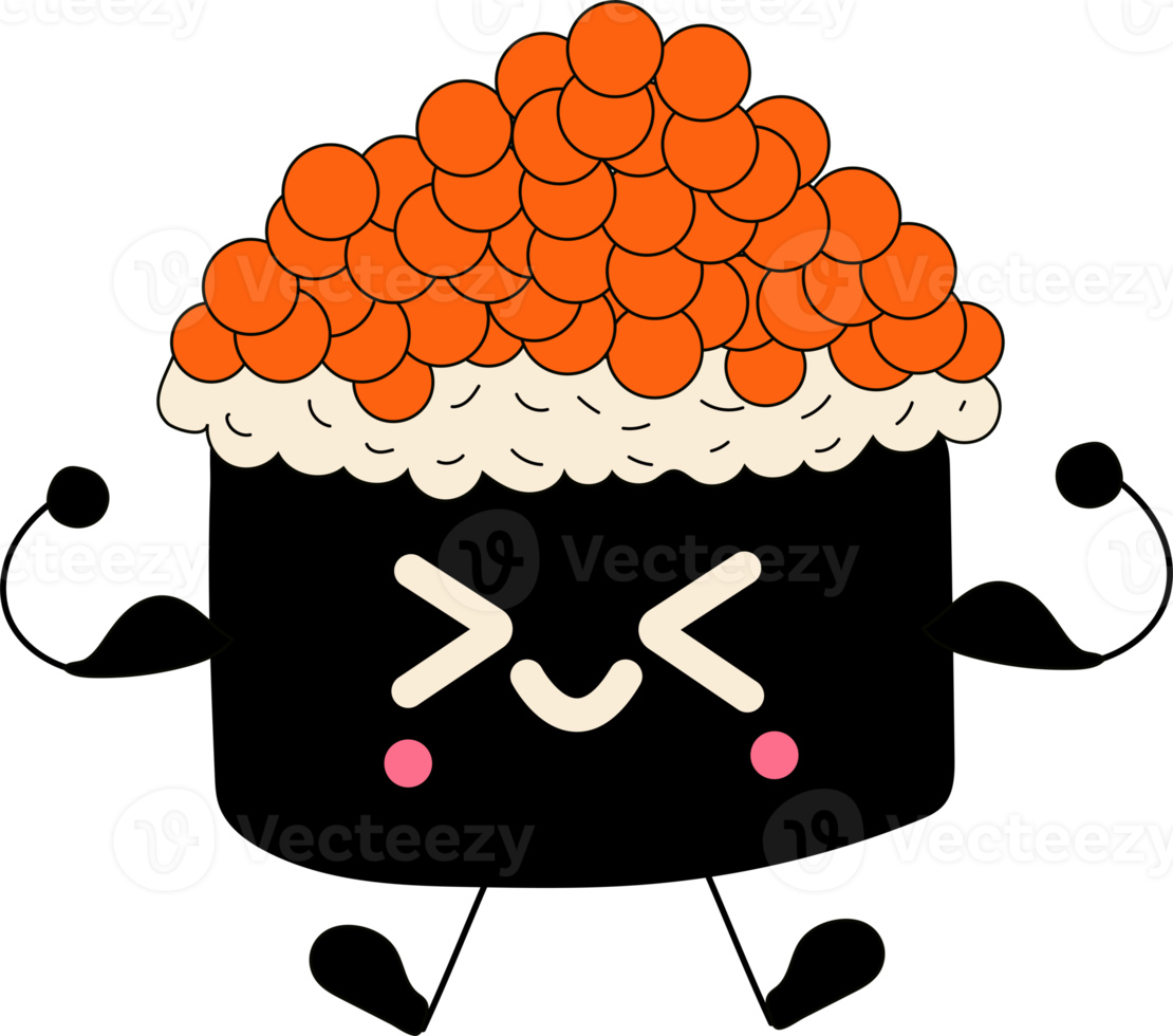 Cute happy funny smiling sushi,roll with kawaii eyes. PNG in cartoon style. All elements are isolated