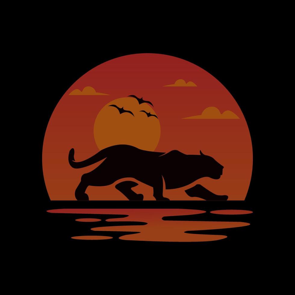 walking jaguar lion panther leopard cat at the beach with black background logo template vector illustration