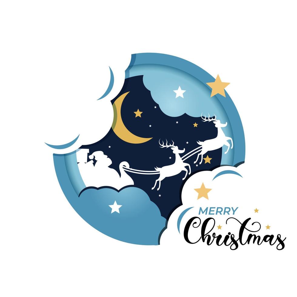 happy merry christmas. flat design with santa and the deer in the sky vector