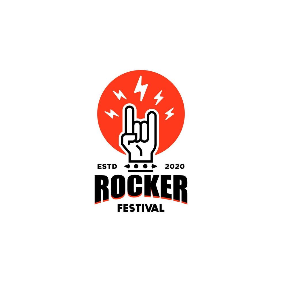 Rock music fest logo with rocker or metal hand gesture, emblem for Rock festival,party, musical performance design vector